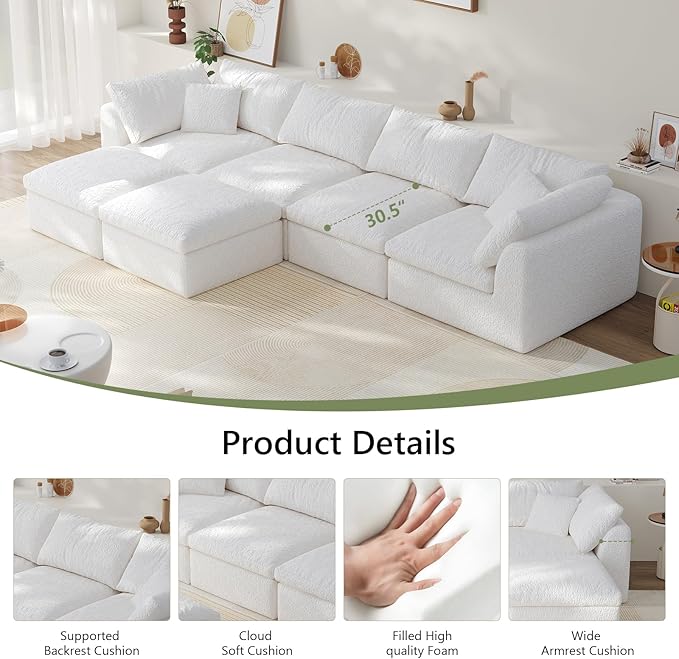138" Modular Sectional Sofa Boneless Cloud Couch for Living Room, U Shape Deep Seat Recliner Sofa with Ottoman, Adjustable Backrest & 2 Throw Pillows - Covers Washable, (White, 4 Seater+2 Ottoman)