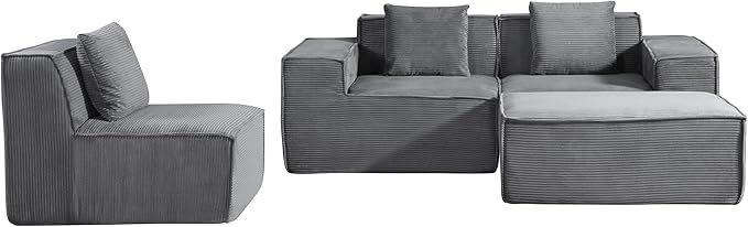 Rowan Convertible Corduroy Sectional Couch with Ottoman & Pillows, Modular L Shaped Sleeper Sofa, Boneless Cloud Couch for Living Room Furniture, Dark Grey