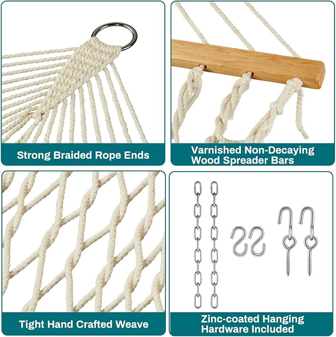 JoyView Traditional Rope Double Hammock - Hand Woven Cotton Hammock with Hardwood Spreader Bar and Pillow 450lb Capacity for Outdoor Indoor Patio Yard - Natural - Image 5