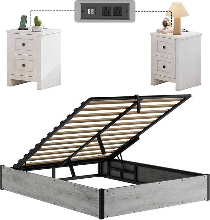 LUXOAK 3 Pieces Bedroom Sets, Includes Queen Size Lift Up Storage Platform Bed Frame, 2 Drawers Farmhouse Nightstand Set of 2 with Charging Station, No Box Spring Needed, White Oak