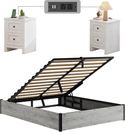 LUXOAK 3 Pieces Bedroom Sets, Includes Queen Size Lift Up Storage Platform Bed Frame, 2 Drawers Farmhouse Nightstand Set of 2 with Charging Station, No Box Spring Needed, White Oak