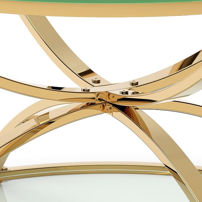 32" Tempered Glass Round Coffee Table Modern Gold Frame Dome Base Two Tiers Circle Living Room Center Tables