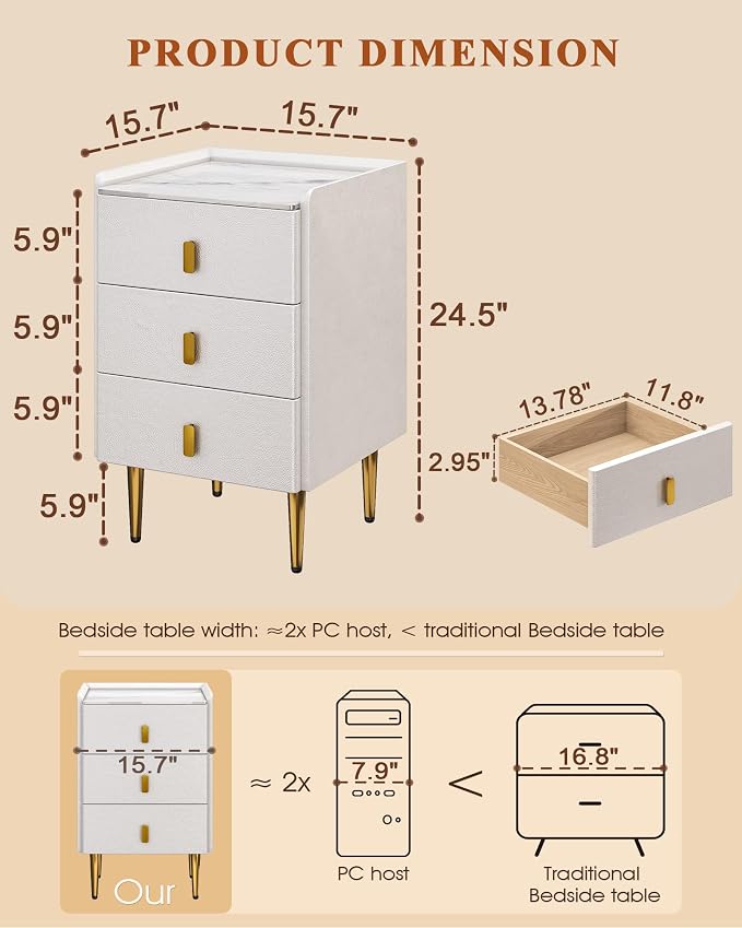 STARSAGA Narrow Nightstand with Drawers, 15.75" Narrow Bedside Table for Bedroom, Solid Wood Narrow Night Stand with Sintered Stone Top & Leather Surface, Slim Nightstand for Small Spaces, White - Image 2