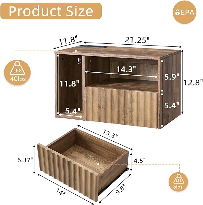 BuildHom Floating Nightstand with Charging Station - Rustic Brown Wall Mounted Modern Fluted Bedside Table with Drawer, USB Ports & Outlets (Set of 2) - Image 2