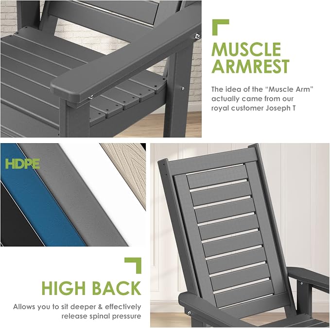 GREENVINES Outdoor Rocking Chair Set | 3-Piece | 2 Rocking Chairs with 1 Side Table | Porch Rocker | HDPE Plastic | Grey | Patio Furniture Sets | High Back | Big & Tall | Ladder Back - Image 7