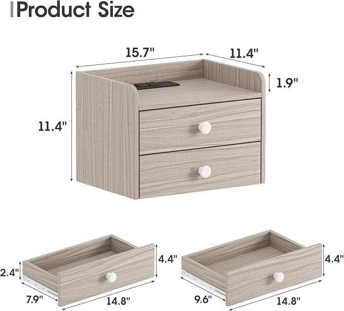 Floating Nightstand Set of 2 with 2 Storage Drawers and Charging Station Wood Wall Mounted Bedside End Table Modern Night Stands Set 2 for Bedroom,Small Space,Grey - Image 2