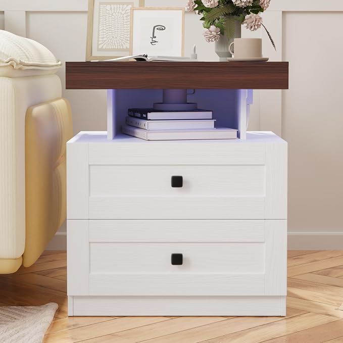MHOM Farmhouse LED Nightstand with Charging Station, Bedroom Side Table with Drawers, Rustic End Table for Bedroom, Antique White - Image 3