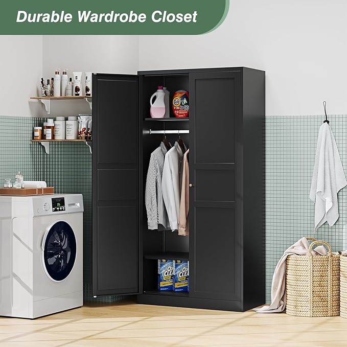 Metal Wardrobe Closet Cabinet,Armoire Wardrobe Closets Storage Cabinets with Doors and Shelves for Laundry Room,Bedroom,Home Office,Bathroom(Black