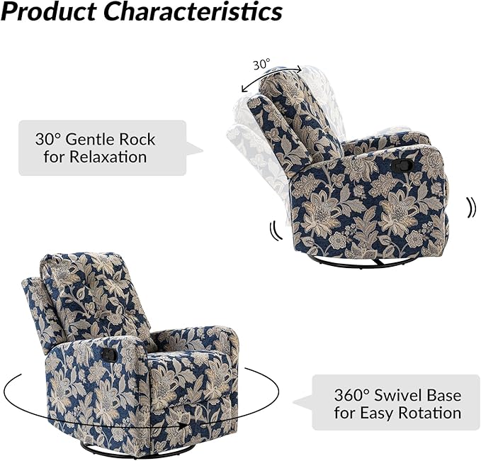 HULALA Home Recliner Chair Modern Printed Fabric for Living Room, Wingback Rocker Recliner Sofa Comfy Armchair 360 Degree Swivel, Nursery Rocking Chairs with Adjustable Backrest & Footrest/Navy