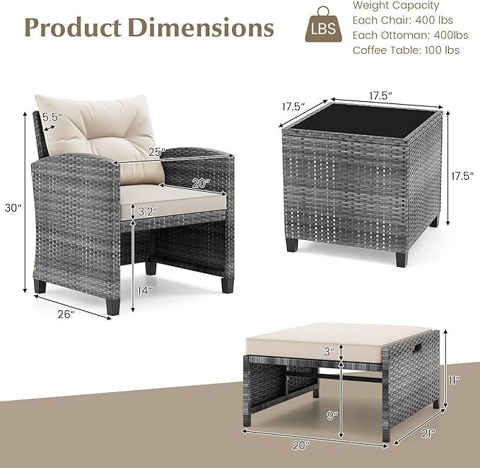 Tangkula 5 Pieces Patio Conversation Set, PE Wicker Rattan Outdoor Furniture Set with 2 Chairs, 2 Ottomans & Tempered Glass Coffee Table, Ideal for Poolside, Backyard, Lawn, Deck, Mix Grey & Off White