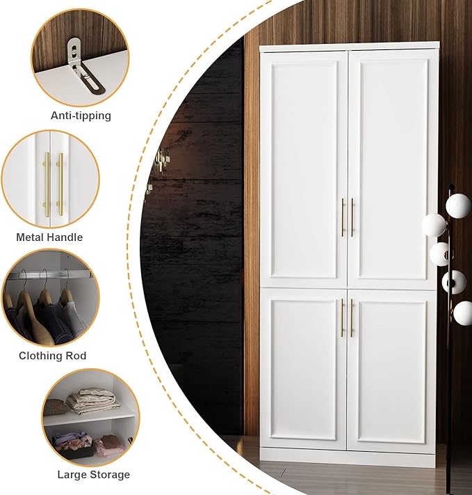 FAMAPY 4 Door Wardrobe with Shelves, Armoire Wardrobe with Hanging Rod, Gold Metal Handles, Closet for Bedroom White (31.7”W x 19.3”D x 74.9”H)