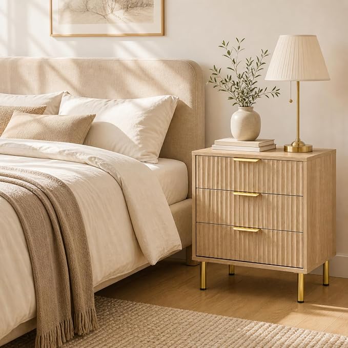 24" Tall Wood Nightstand Set of 2, Mid-Century Modern Fluted Bedside Tables with 3 Drawers, Matching Oak Small Dressers, Japandi Ribbed Side Table Duo - Image 3