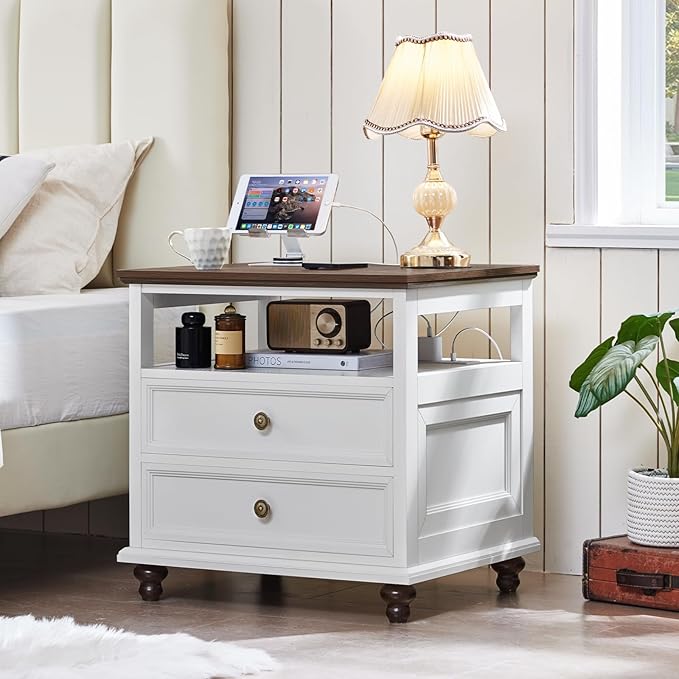 Joaxswe 24" Wide Farmhouse Nightstand with Charging Station Set of 2,54" 7 Drawers Dresser, 45" Tall Rustic Chests of 5 Drawers, Farmhouse Furniture Series for Bedroom,White