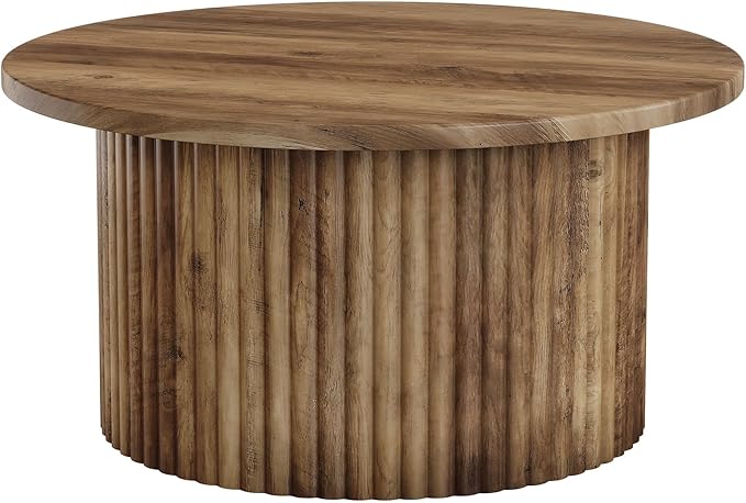 Tribesigns Round Coffee Table, 31.5" Farmhouse Circle Center Table with Fluted Drum Base & Wooden Grain Veneer Top, Modern Wooden Accent Cocktail Table for Small Space, Living Room, Apartment