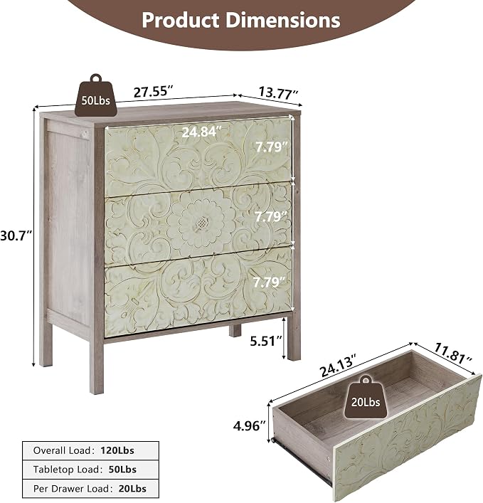 3 Drawer Dresser, Vintage French Chest of Drawers with Storage, Farmhouse Distressed Boho Nightstands Set of 2, Small Wide Dresser for Bedroom Hallway Living Room Entryway (2, Rustic Brown Gray) - Image 2