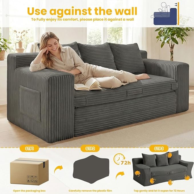 Boneless Couch Sleeper Sofa Bed: 3-in-1 Convertible Sofa Bed with Side Pockets & Handle,Pull Out Couch with 3 Pillows,Folding Futon for Small Space,Living Room & Bedroom