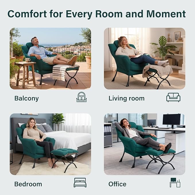 Lazy Chair with Ottoman, Modern Accent Chair Contemporary Sofa Chair with Armrests, Reading Chair and Folding Footstool Set for Living Room, Bedroom, Office
