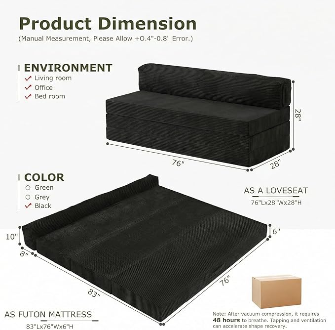 5-in-1 Convertible Sofa Bed, Boneless Loveseat Sleeper with Removable Cushions & Washable Cover, Futon Sofa Bed with Handle, Pull Out Couch for Small Spaces, King Size, Black