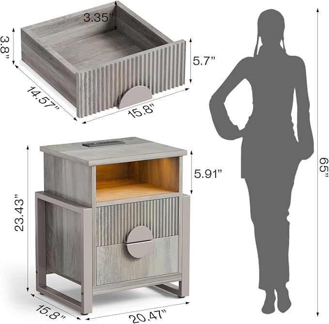 LGHM Set of 2 Fluted Nightstand with Charger Station Strip Lights, 20.47" W Night Stand with 2 Drawers, Large Accent Bed Side Table and End Table, Large Open Cubby, Raising H Legs,Gray - Image 3