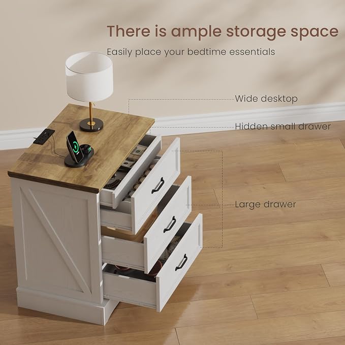 Farmhouse Nightstand Set of 2 with Charging Station and Hidden Drawer, 23.6" W Bedside Table with 4 Drawers, Night Stand for Bedroom, Home Office, White & Brown - Image 4