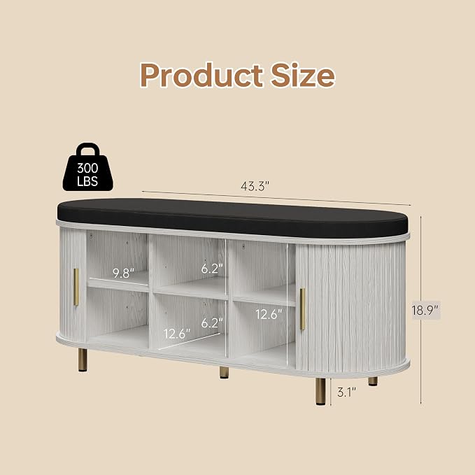 DHH 2-Tier Storage Bench,Wide Shoe Bench with Thickened Padded Seat Cushion, Mid Century Modern Fluted Sliding Door and Adjustable Shelf, for Entryway, Living Room, Bedroom (Grayish White, 43.3“) - Image 2