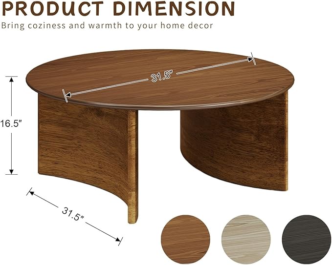 31.5″ Round Coffee Table, Walnut Circle Coffee Table with Curved Base, Solid Wood, Ideal for Living Room, Apartment, Compact Place
