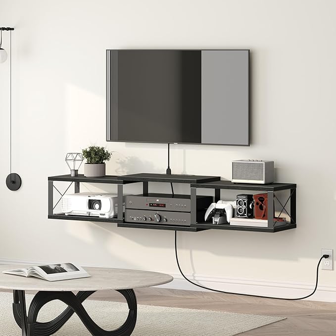 MAHANCRIS 43.7” Floating TV Stand with Power Outlet, Wall-Mounted Entertainment Center, Floating Metal Frame Media Console Shelf for Under TV Storage, for Living Room, Bedroom, Black TVHB101E01 by MAHANCRIS