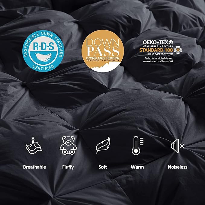 Luxurious Twin/Twin XL Goose Down Comforter, Unique Black Pinch Pleat, 600 Thread Count, 100% Egyptian Cotton Cover, 65 Oz Fill Weight, 750 Fill Power