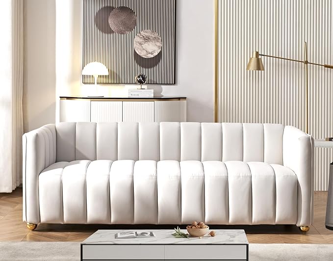 Direct Glam Fabric Upholstered Solid Wood Frame 82.7" Art Deco Sofa for Living Room, Office, Sophisticated 3 Seater Couch, Ivory