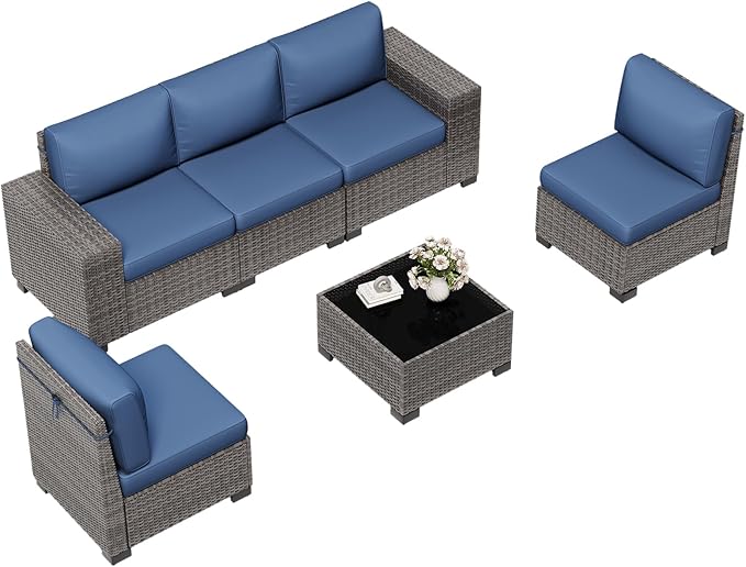 6 Pieces Outdoor Patio Furniture Set with Table Gray Rattan Sectional Sofa Conversation Sets for Balcony Lawn and Garden (Navy Blue, 6 pcs w/Table)