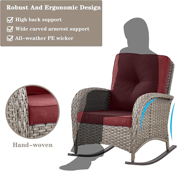 Belord 5 Piece Outdoor Conversation Patio Furniture Set - All-Weather Wicker Patio Rocking Chairs with Loveseat Glider Chair and Coffee Table for Patio Deck Porch Backyard Gray Wicker Red Cushion
