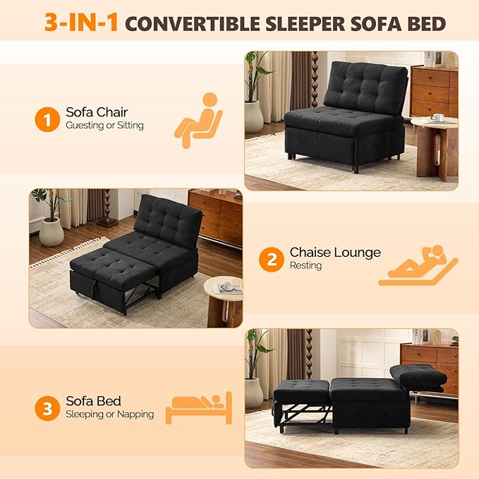 VINGLI Convertible Sofa Bed Tufted Teddy Fleece Sleeper Chair Bed Couch Armless Living Room Chairs with Adjustable Backrest Pull Out Couch Bed for Small Spaces