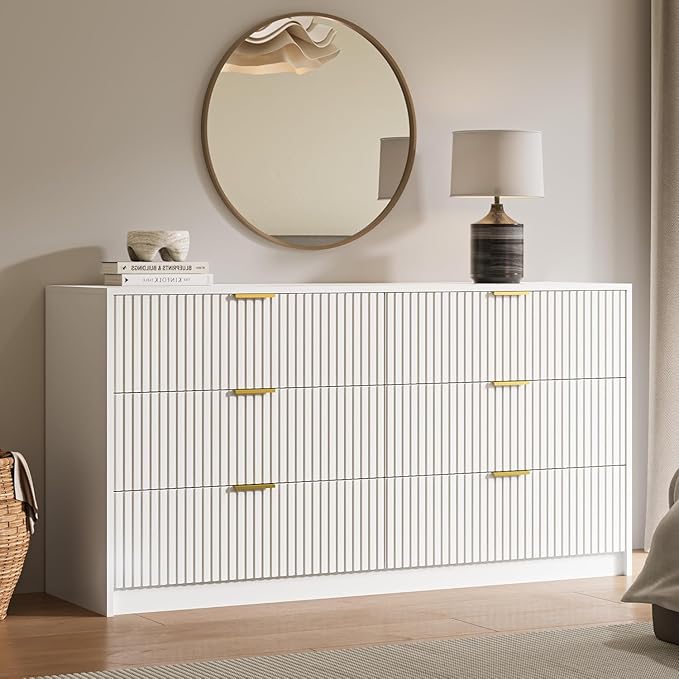 MAISONARIA 3-Piece Dresser Bedroom Set, 6 Drawer Dresser & 3 Drawer Nightstands with Gold Handles, Fluted Wood Chest of Drawers for Bedroom, Living Room, Entryway, White