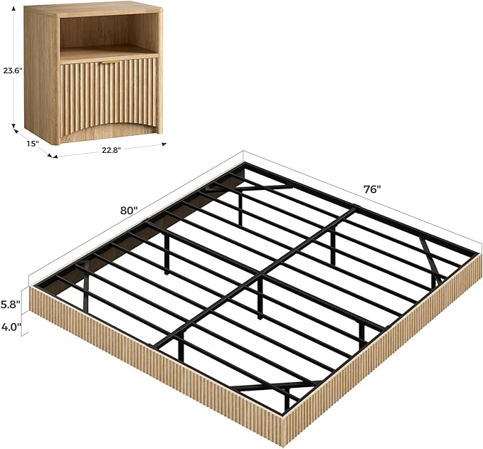 Evermagin Bedroom Furniture Set-Bed with 2 Nightstands, Mid Century Modern Bedroom Set, Floating Bed Frame Led Lights, Fluted Floating Room Furnitures, 3-Piece Room Set (Nbh, King)