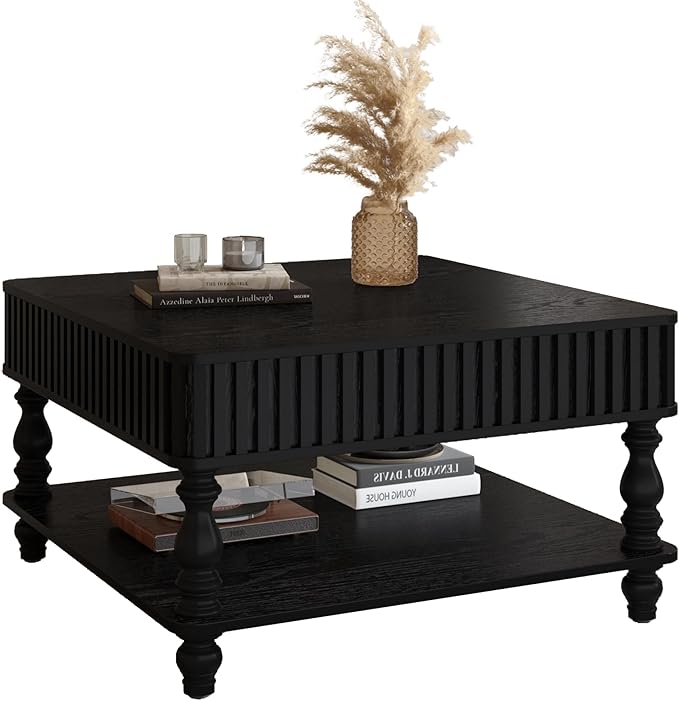31.5" Square Lift Top Coffee Table with Storage Modern Fluted Coffee Tables with Lifting Top, Farmhouse Solid Wood Center Table with Table Legs for Living Room, Apartment or Office (Black)