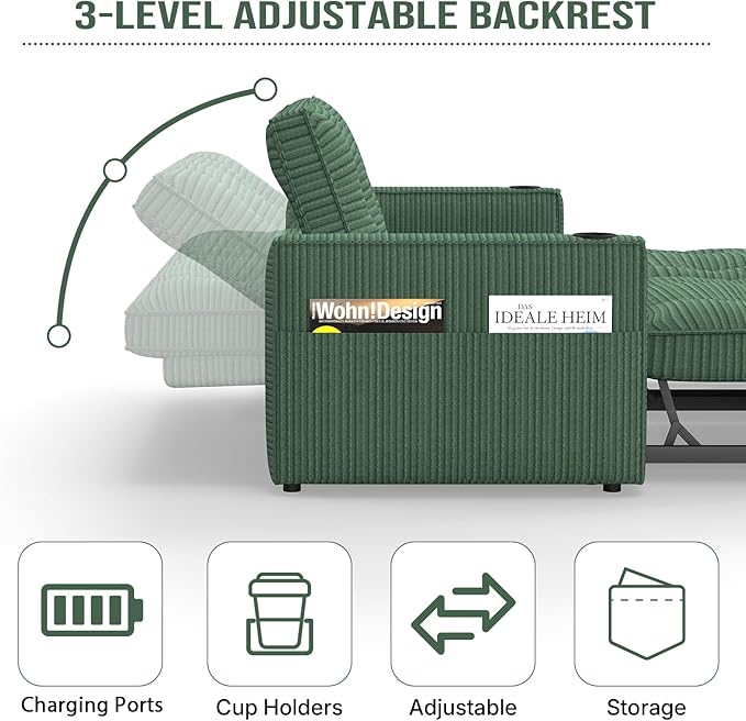 Rovibek 73.2" Convertible Sofa Bed, Pull Out Couch with USB Charging Port & Cup Holders, Adjustable Backrest, Side Pockets, Modern Corduroy Sleeper Sofa for Living Room, Bedroom, Apartment, Green