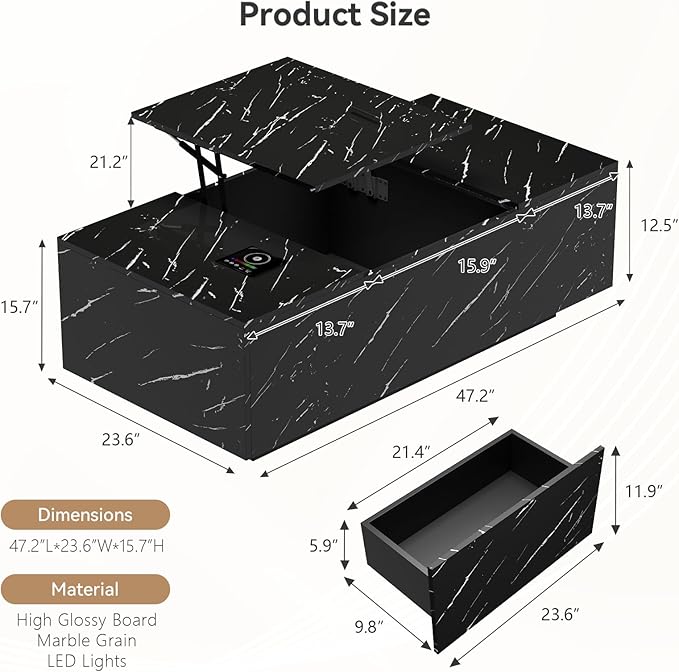 47" Modern LED Coffee Table with Lift Top, All Black Coffee Table with Storage High Gloss Surface, Hidden Storage with Drawer, Open Shelves, and Built-in Power Outlet for Living Room