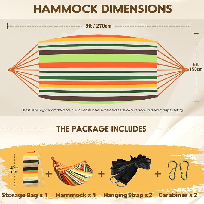 ANYOO Cotton Hammock Portable Camping Hammocks for Hanging Sturdy Garden Comfortable Fabric Hammock with Tree Straps Up to 660lbs with Travel Bag for Camping Outdoor/Indoor Patio Backyard - Image 2