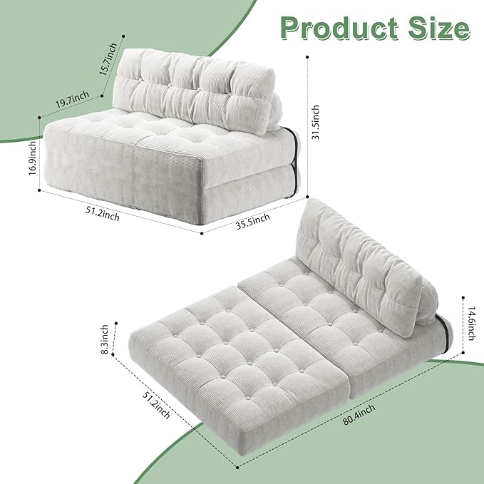 GarveeHome Folding Sofa Bed, Floor Folding Couch with Pillow, Futon Sofa Bed Convertible Sleeper Chair Foldable Mattress Back Support, Portable Fold Out Couch, Full, Corduroy, Beige