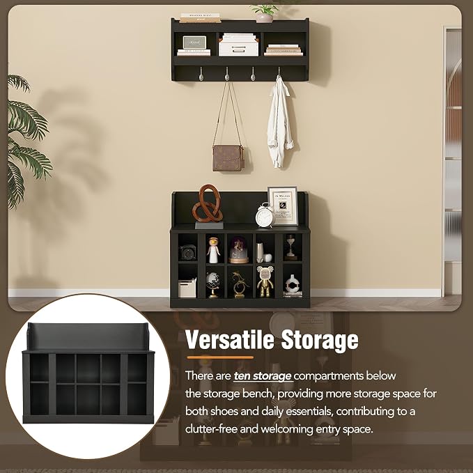 Shoe Storage Bench with Shelves and 4 Hooks, Entryway Hall Tree with Shoe Cabinets with Coat Rack - Image 6