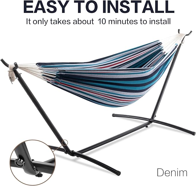 PNAEUT Double Hammocks with Stand for Outside, Portable Space Saving Heavy-Duty Steel Stand for Indoor Outdoor Patio with Carrying Bag, 450 lbs Capacity (Denim) - Image 5