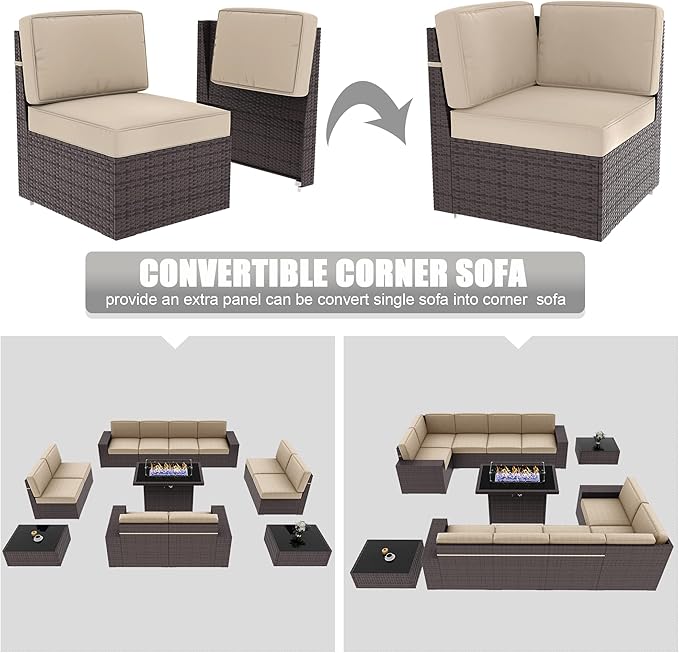 LayinSun 13 Pieces Outdoor Patio Furniture Set with 44" Fire Pit Table Brown Rattan Sectional Sofa Conversation Sets