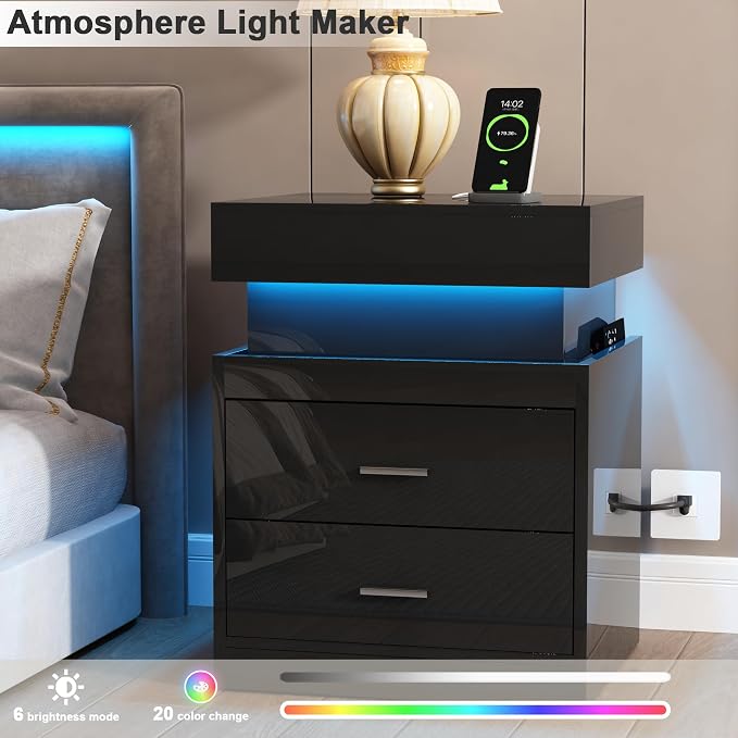 ChooChoo LED Nightstand with Charging Station,Smart Night Stand with Sliding Top Storage, 2-Drawers High Gloss Bedside Table, Modern End Table for Bedroom,Black - Image 4