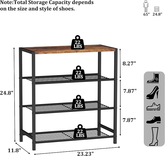 HOMEFORT 4-Tier Shoe Rack Organizer, Shoe Tower for Closet, Shoe Storage Shelf with MDF Top Board, Each Tier Fits 3 Pairs of Shoes, Entryway Shoes Organizer with Sturdy Metal Shelves, Rustic Brown - Image 3