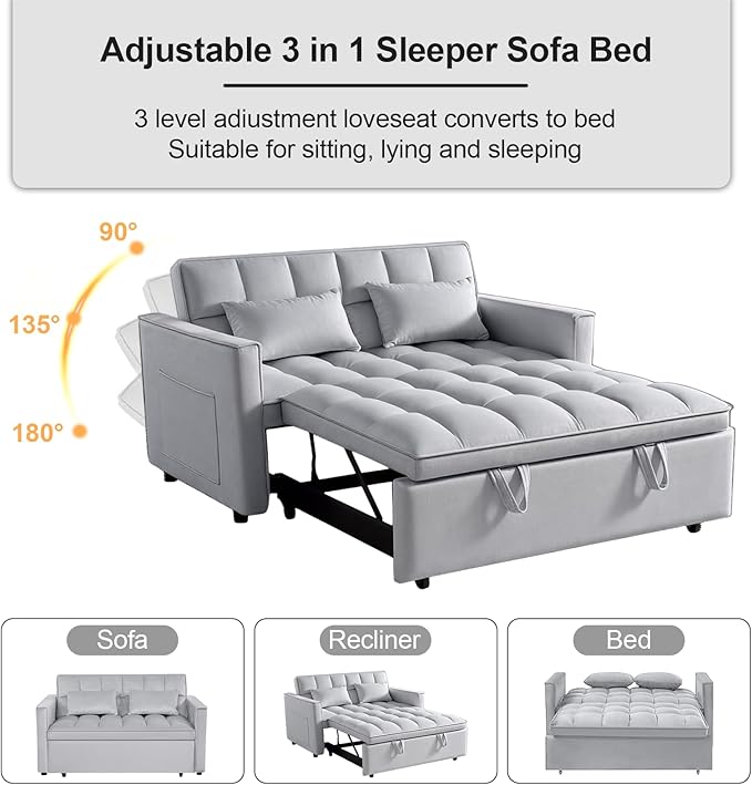 3-in-1 Sofa Bed, 52.75" Pull-Out Sleeper Sofa Bed with 3-Level Adjustable Backrest, Velvet Fabric Loveseat Sleeper Couch for Living Room & Bedroom & Apartment & Dorm Furniture, Light Grey