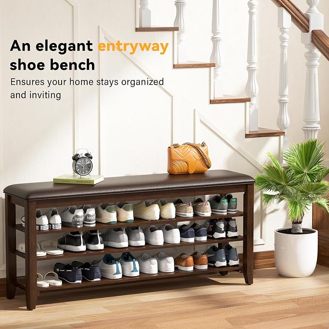 Entryway Shoe Storage Bench with Leather Cushion, Shoe Organizer Bench for Entryway, Ideal for Hallways Front Doors Entrances Mudrooms Featuring Rubberwood And 3 Height-Adjustable and Removable Shelve - Image 7