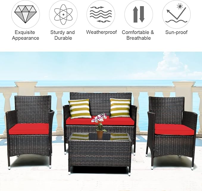 COSTWAY 4PCS Rattan Patio Furniture Set, Outdoor Wicker Rattan Chairs with Coffee Table, Rattan Cushioned Conversation Set for Backyard Balcony Porch Poolside, Red