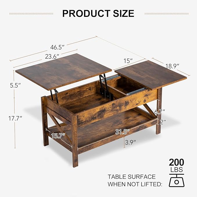 Lift Top Coffee Table with Storage, Small Coffee Table with Hidden Compartment, Dining Center Tables with Lifting Tabletop for Living Room, Home Office