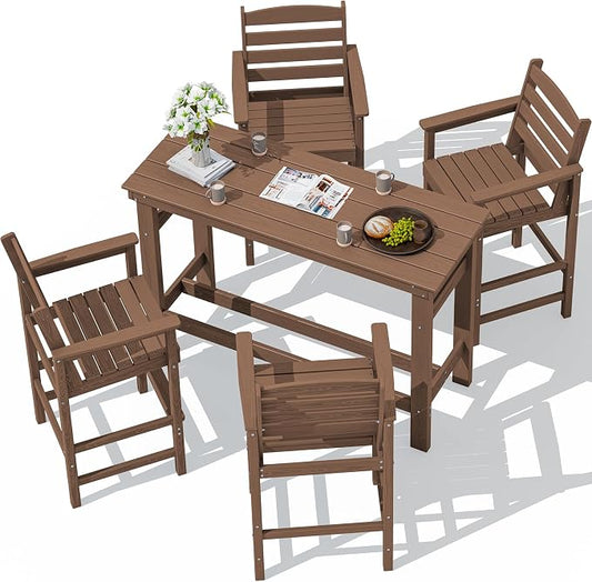 SERWALL Outdoor Bar Set - 4 Adirondack Bar Chairs & Bar Height Table with 1.6" Umbrella Hole, All-Weather HDPE Patio Furniture for Poolside, Backyard, Garden - Brown by SERWALL