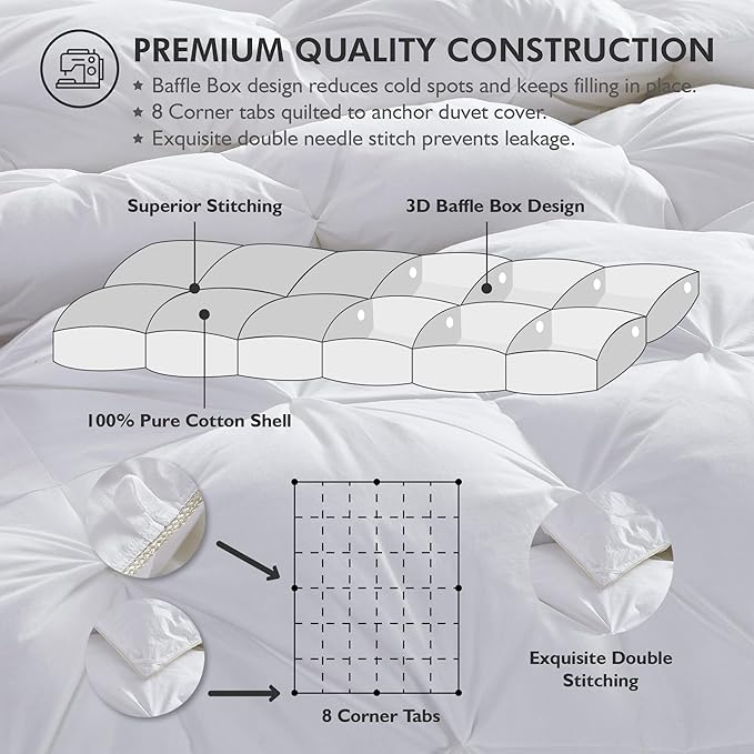Luxurious Goose Down Feather Fiber Comforter King Size All-Season Duvet Insert, Premium Baffle Box, 100% Egyptian Cotton Cover, 75 oz Fluffy Fill Weight - White Pinch Pleat